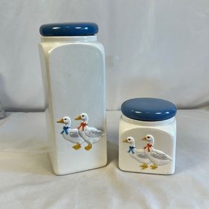 Vintage Otagiri White Ceramic Hand Painted Canisters wDucks wBlue Lid set of 2
